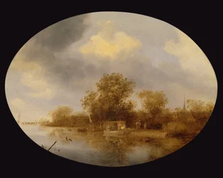 Paysage fluvial avec des hommes déchargeant des casiers à homards